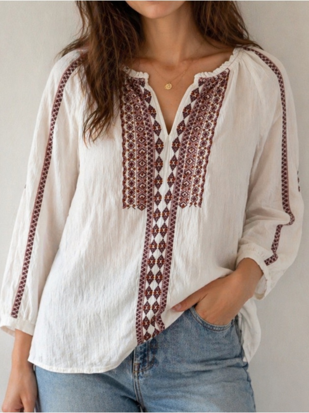 J. Jill Embroidered Peasant Blouse Small White Boho Tunic Top 3/4 Sleeve
